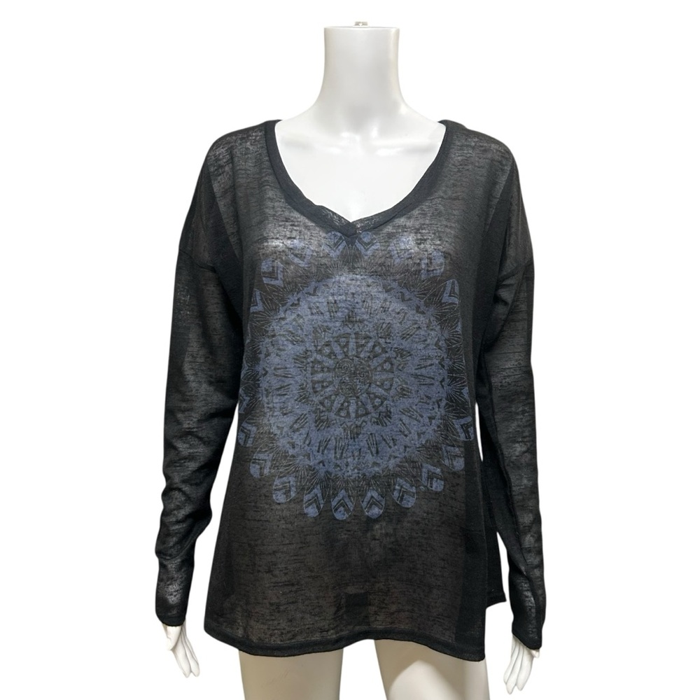 Roper Black Graphic Mandala Long Sleeve Top Thin Knit Plus Size 1X